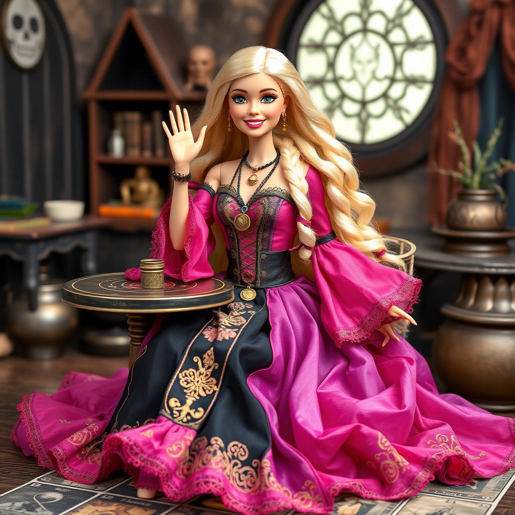 A joyful and relaxed Gypsy Witch Barbie with a bright smile, looking at the camera and waving