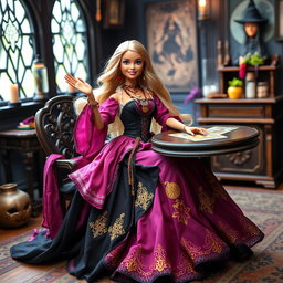 A joyful and relaxed Gypsy Witch Barbie with a bright smile, looking at the camera and waving