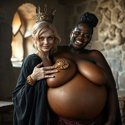 In a medieval brothel during daylight, a young, very short, malnourished blonde woman, 20 years old with fair skin and blue eyes, is depicted