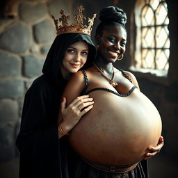 In a medieval brothel during daylight, a young, very short, malnourished blonde woman, 20 years old with fair skin and blue eyes, is depicted