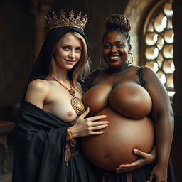 In a medieval brothel during daylight, a young, very short, malnourished blonde woman, 20 years old with fair skin and blue eyes, is depicted