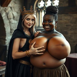 In a medieval brothel during daylight, a young, very short, undernourished blonde woman, 20 years old with fair skin and blue eyes, is depicted