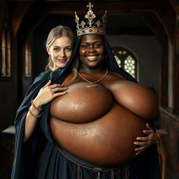 In a medieval brothel during daylight, a young, very short, undernourished blonde woman, 20 years old with fair skin and blue eyes, is depicted