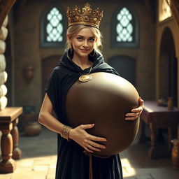 In a medieval brothel during daylight, a young, very short, undernourished blonde woman, 20 years old with fair skin and blue eyes, is depicted