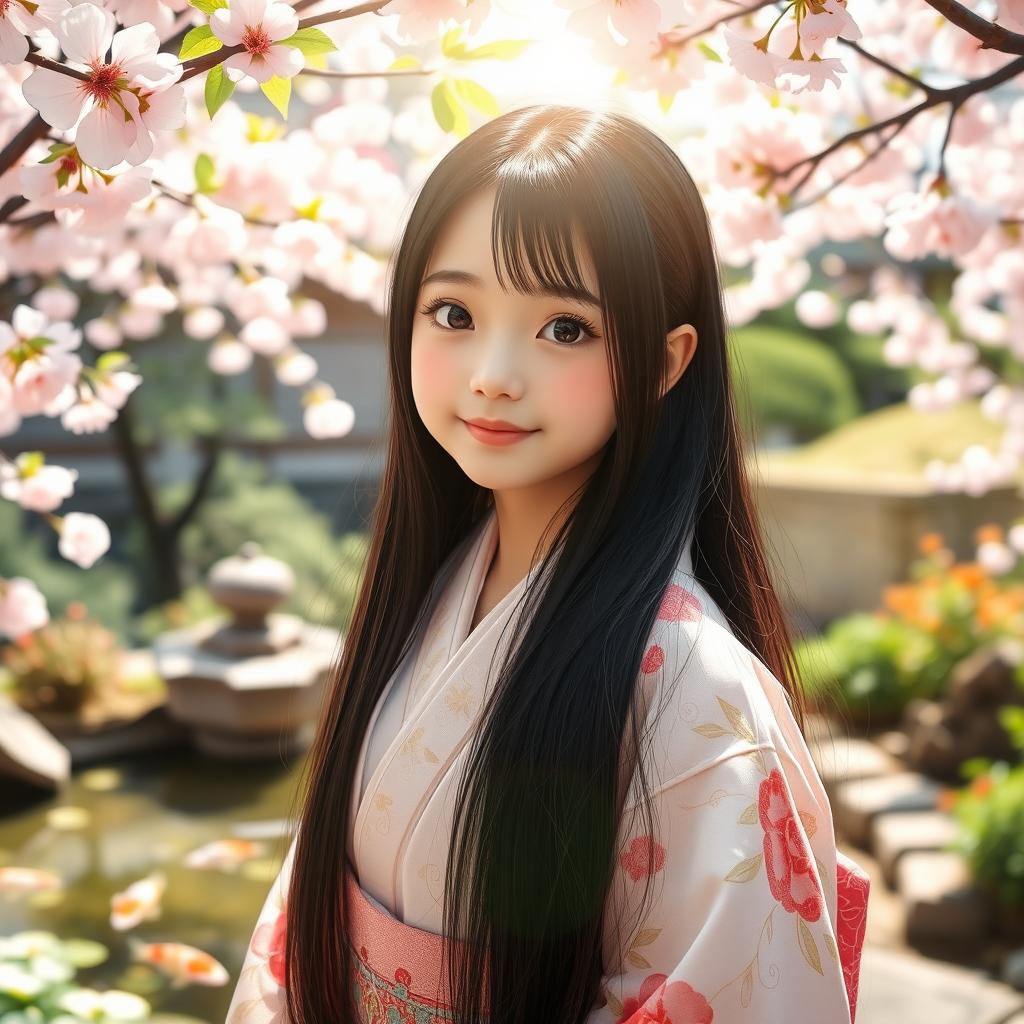 A serene portrait of a young Japanese girl with long black hair, wearing a beautiful traditional kimono with intricate floral patterns in soft pastel colors