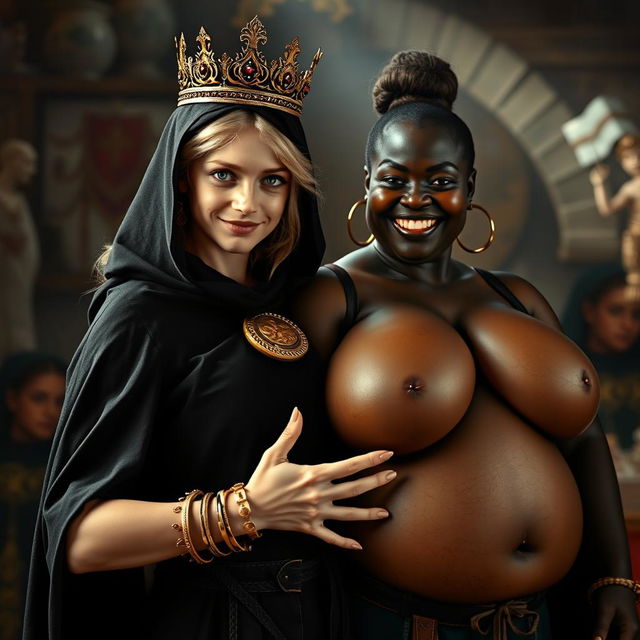 In a medieval brothel during daylight, a striking scene unfolds featuring a young, extremely short blonde woman, 20 years old, with fair skin and blue eyes