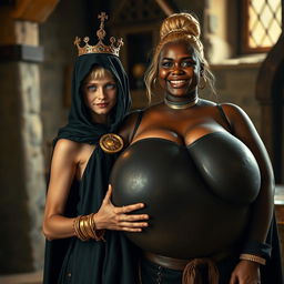 In a medieval brothel during daylight, a striking scene unfolds featuring a young, extremely short blonde woman, 20 years old, with fair skin and blue eyes