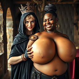 In a medieval brothel during daylight, a striking scene unfolds featuring a young, extremely short blonde woman, 20 years old, with fair skin and blue eyes