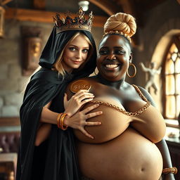 In a medieval brothel during daylight, a highly detailed and dynamic scene depicts a young, very short, malnourished blonde woman, 20 years old with fair skin and vibrant blue eyes