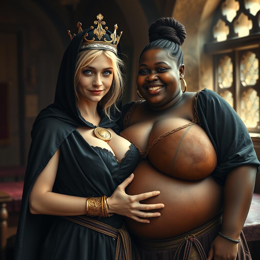 In a medieval brothel during daylight, a highly detailed and dynamic scene depicts a young, very short, malnourished blonde woman, 20 years old with fair skin and vibrant blue eyes