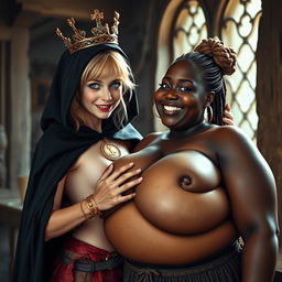 In a medieval brothel during daylight, a highly detailed and dynamic scene depicts a young, very short, malnourished blonde woman, 20 years old with fair skin and vibrant blue eyes