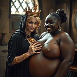 Inside a medieval brothel room during daylight, a captivating scene unfolds featuring a very short, undernourished 20-year-old blonde woman with fair skin and striking blue eyes