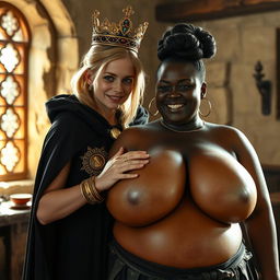 Inside a medieval brothel room during daylight, a captivating scene unfolds featuring a very short, undernourished 20-year-old blonde woman with fair skin and striking blue eyes