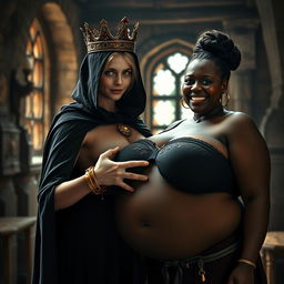 Inside a medieval brothel room during daylight, a captivating scene unfolds featuring a very short, undernourished 20-year-old blonde woman with fair skin and striking blue eyes