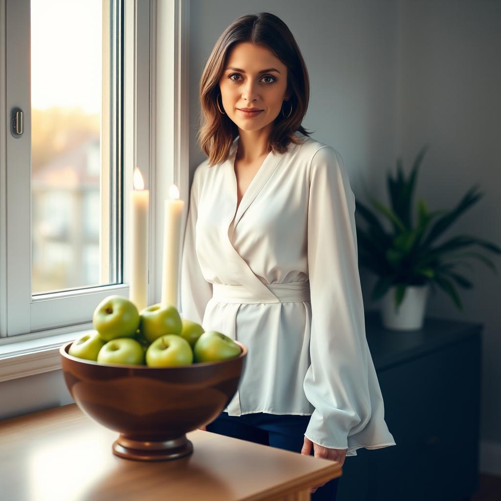 A 35-year-old woman with medium brown hair and big round eyes, possessing medium light skin, standing at a little desk close to a window in the evening light