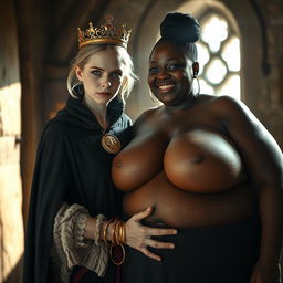 Inside a medieval brothel room illuminated by daylight, a compelling scene showcases a very short, malnourished young blonde woman, 20 years old with pale skin and bright blue eyes