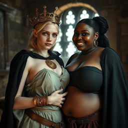 Inside a medieval brothel room illuminated by daylight, a compelling scene showcases a very short, malnourished young blonde woman, 20 years old with pale skin and bright blue eyes