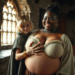 Within a daylight-lit medieval brothel room, an intriguing scene presents a very short, undernourished 20-year-old blonde woman with fair skin and bright blue eyes