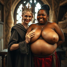 Within a daylight-lit medieval brothel room, an intriguing scene presents a very short, undernourished 20-year-old blonde woman with fair skin and bright blue eyes