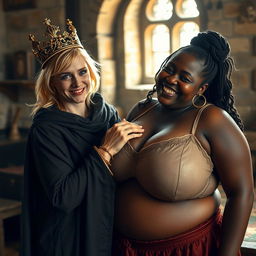 Within a daylight-lit medieval brothel room, an intriguing scene presents a very short, undernourished 20-year-old blonde woman with fair skin and bright blue eyes