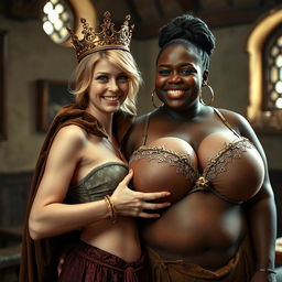 Within a daylight-lit medieval brothel room, an intriguing scene presents a very short, undernourished 20-year-old blonde woman with fair skin and bright blue eyes