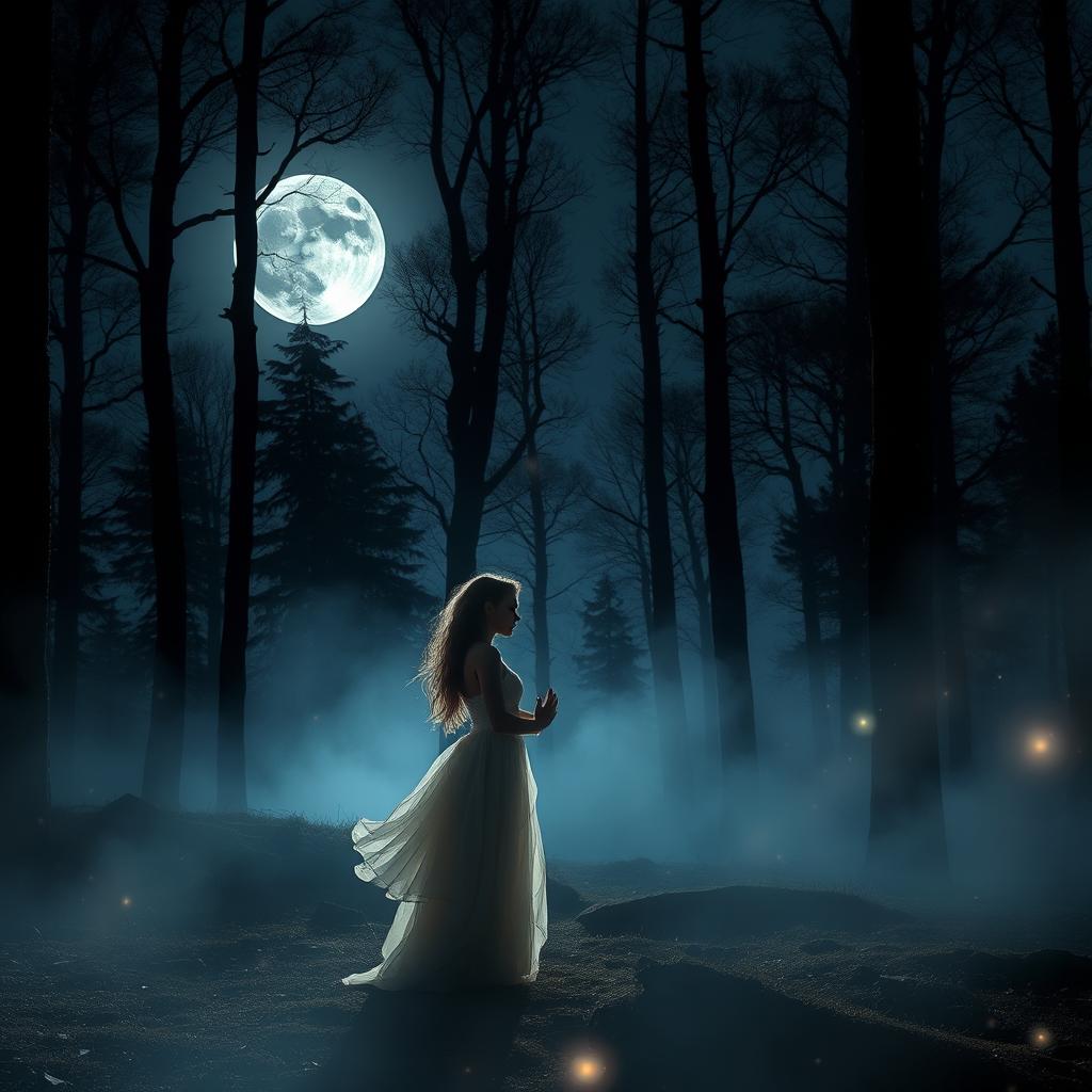 A captivating paranormal romance scene set on a moonlit night, featuring a mystical forest with shadowy trees