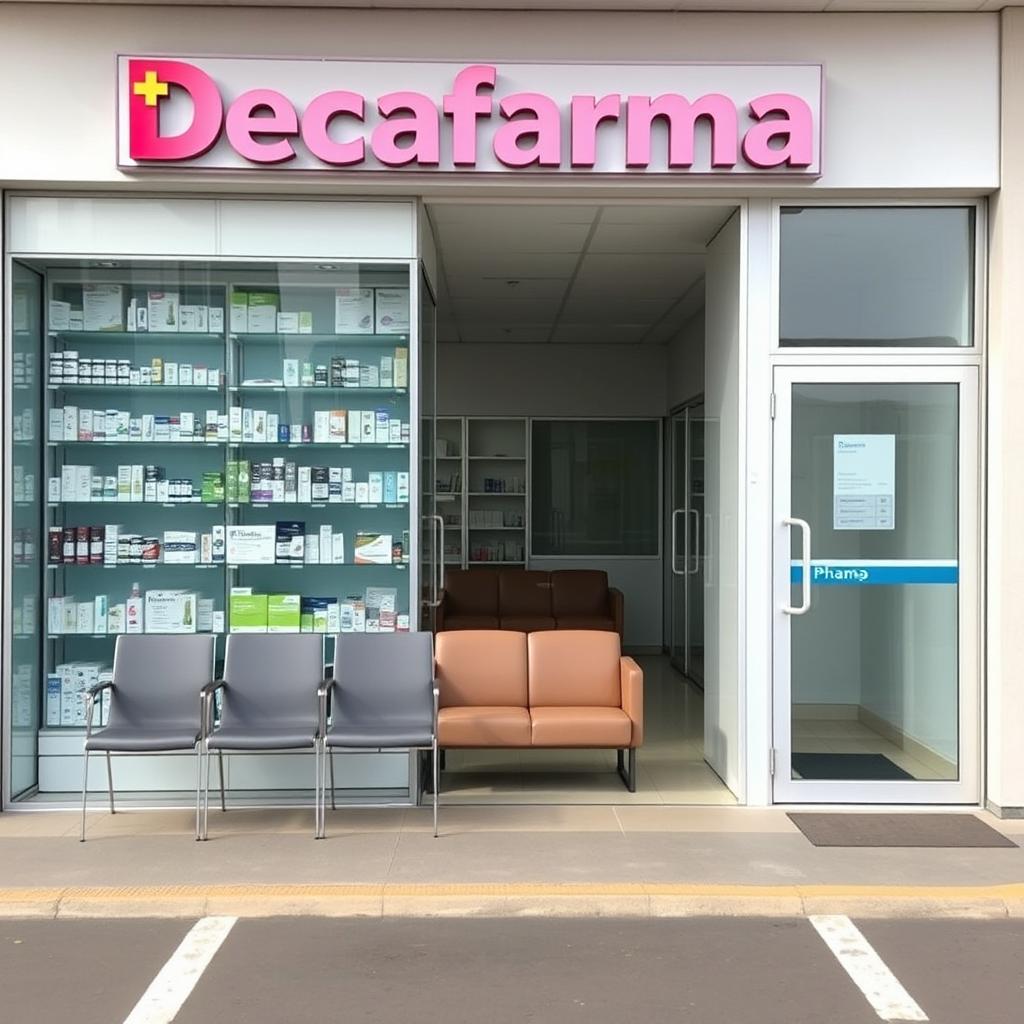 A pharmacy named Decafarma photographed from outside, featuring a display cabinet filled with medicines