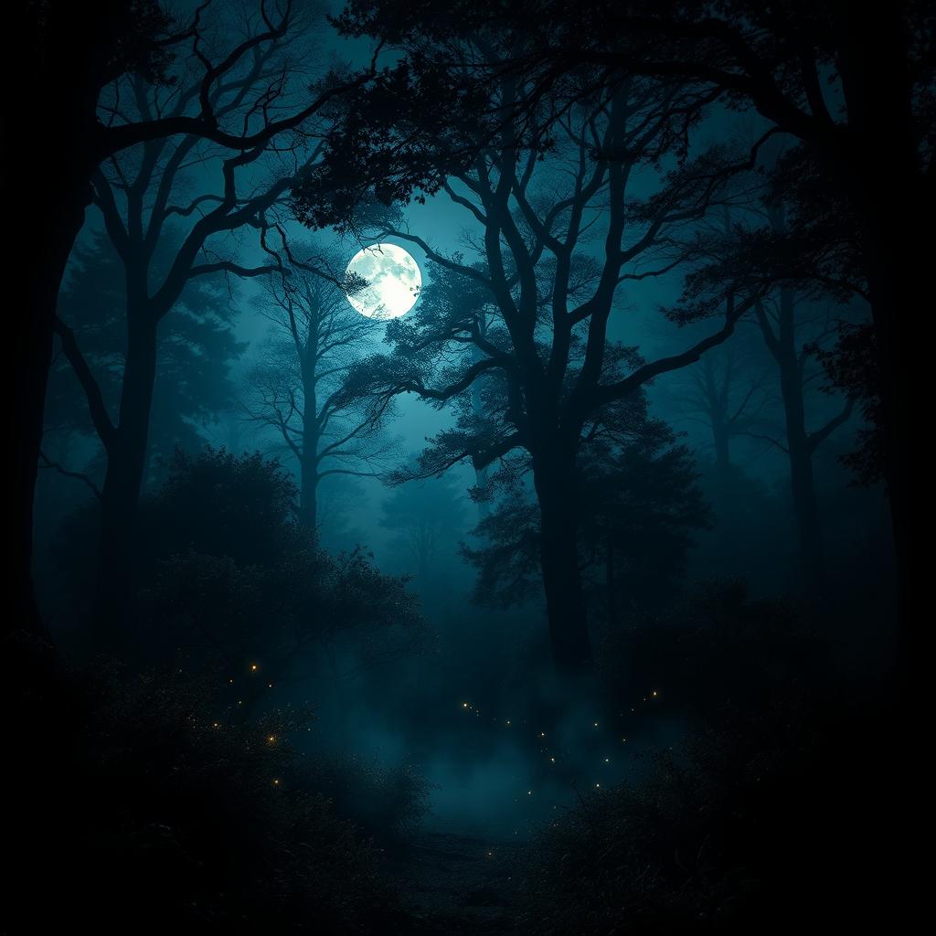 A mysterious and enchanting landscape featuring a moonlit night in a dense forest