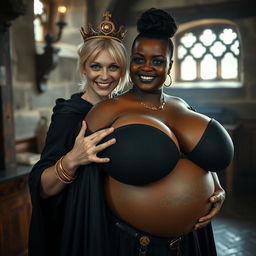 In a daylight-lit medieval brothel room, a captivating scene unfolds featuring a very short, malnourished young blonde woman, 20 years old, with fair skin and striking blue eyes