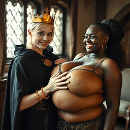 In a daylight-lit medieval brothel room, a captivating scene unfolds featuring a very short, malnourished young blonde woman, 20 years old, with fair skin and striking blue eyes