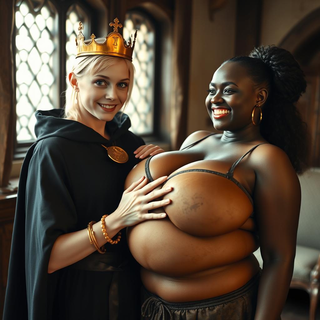 In a daylight-lit medieval brothel room, a captivating scene unfolds featuring a very short, malnourished young blonde woman, 20 years old, with fair skin and striking blue eyes