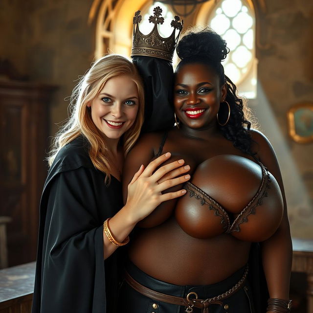 In a daylight-filled medieval brothel room, a fascinating scene unfolds featuring a very short, malnourished 20-year-old blonde woman with fair skin and striking blue eyes