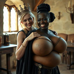 In a daylight-filled medieval brothel room, a fascinating scene unfolds featuring a very short, malnourished 20-year-old blonde woman with fair skin and striking blue eyes