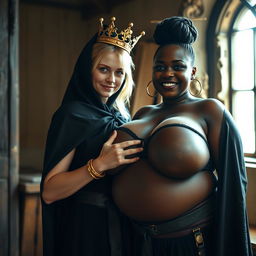 In a daylight-filled medieval brothel room, a fascinating scene unfolds featuring a very short, malnourished 20-year-old blonde woman with fair skin and striking blue eyes