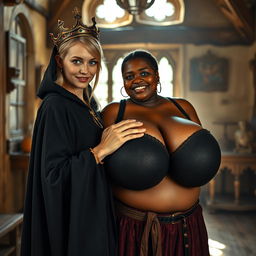 In a daylight-filled medieval brothel room, a fascinating scene unfolds featuring a very short, malnourished 20-year-old blonde woman with fair skin and striking blue eyes