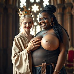 In a brightly lit medieval palace room, an intriguing scene unfolds featuring a very short, malnourished 20-year-old blonde woman with fair skin and brilliant blue eyes