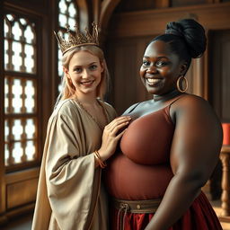 In a brightly lit medieval palace room, an intriguing scene unfolds featuring a very short, malnourished 20-year-old blonde woman with fair skin and brilliant blue eyes