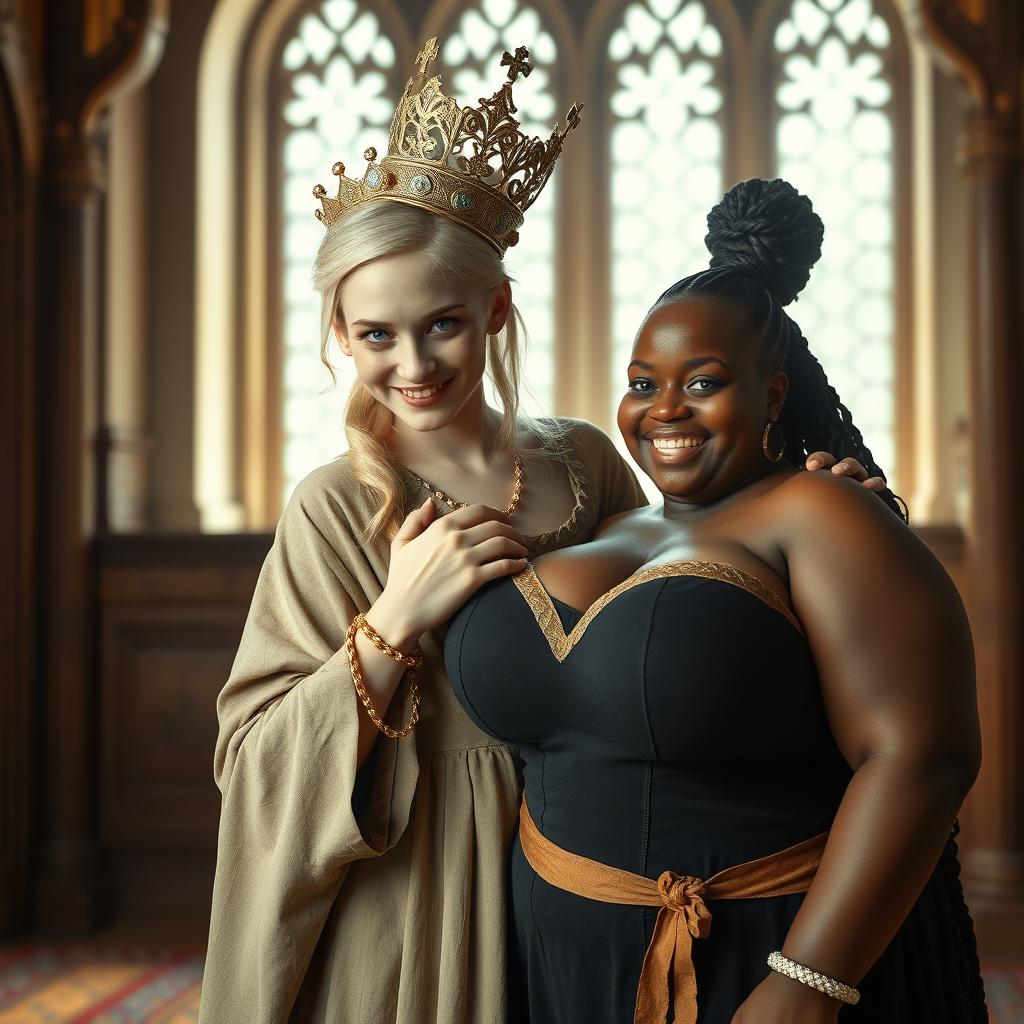 In a brightly lit medieval palace room, an intriguing scene unfolds featuring a very short, malnourished 20-year-old blonde woman with fair skin and brilliant blue eyes