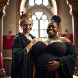 In a brightly lit medieval palace room, an intriguing scene unfolds featuring a very short, malnourished 20-year-old blonde woman with fair skin and brilliant blue eyes