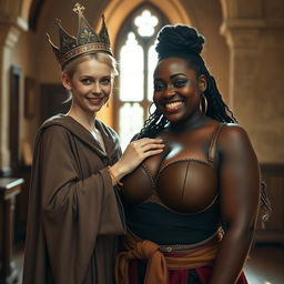 In a sunlit medieval palace room, a fascinating scene features a very short, malnourished young blonde woman, 20 years old, with pale skin and bright blue eyes