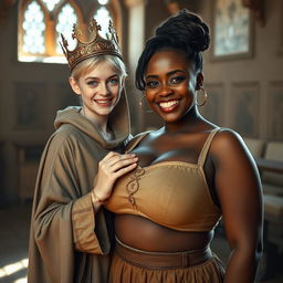 In a sunlit medieval palace room, a fascinating scene features a very short, malnourished young blonde woman, 20 years old, with pale skin and bright blue eyes