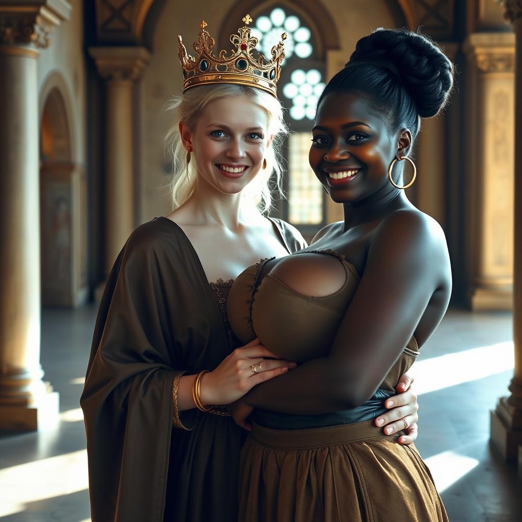 In a sunlit medieval palace room, a striking scene features a very short, malnourished 20-year-old blonde woman with pale skin and bright blue eyes