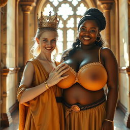 In a sunlit medieval palace room, a striking scene features a very short, malnourished 20-year-old blonde woman with pale skin and bright blue eyes