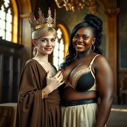 In a sunlit medieval palace room, a striking scene features a very short, malnourished 20-year-old blonde woman with pale skin and bright blue eyes