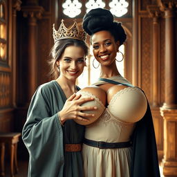 In a sunlit medieval palace room, a striking scene features a very short, malnourished 20-year-old blonde woman with pale skin and bright blue eyes