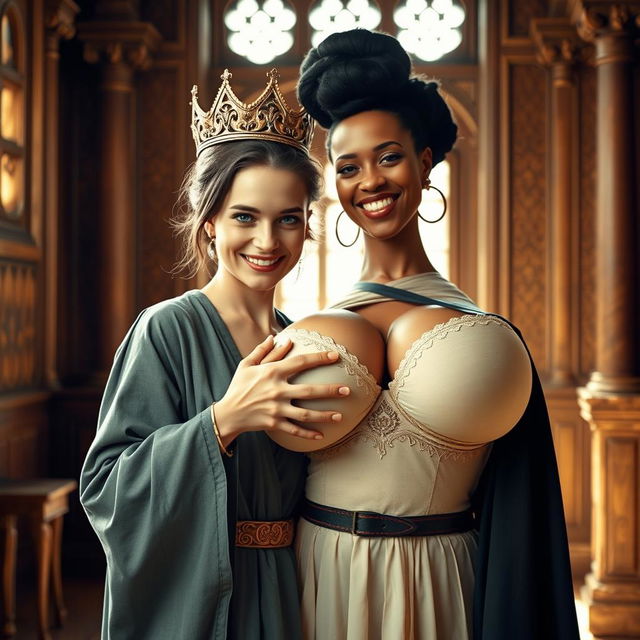 In a sunlit medieval palace room, a striking scene features a very short, malnourished 20-year-old blonde woman with pale skin and bright blue eyes