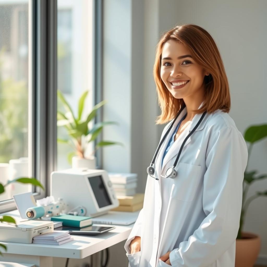 A realistic scene featuring a female doctor in a white lab coat standing beside a small desk next to a window