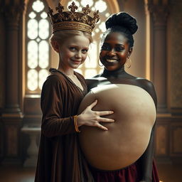 In a sun-drenched medieval palace room, a captivating scene brings together two striking characters