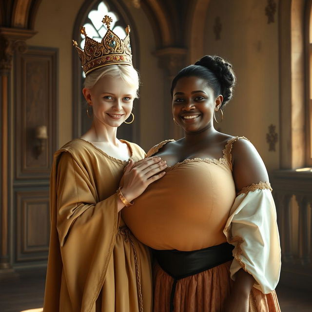 In a sun-drenched medieval palace room, a captivating scene brings together two striking characters