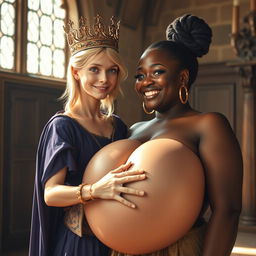 In a sun-drenched medieval palace room, a captivating scene brings together two striking characters